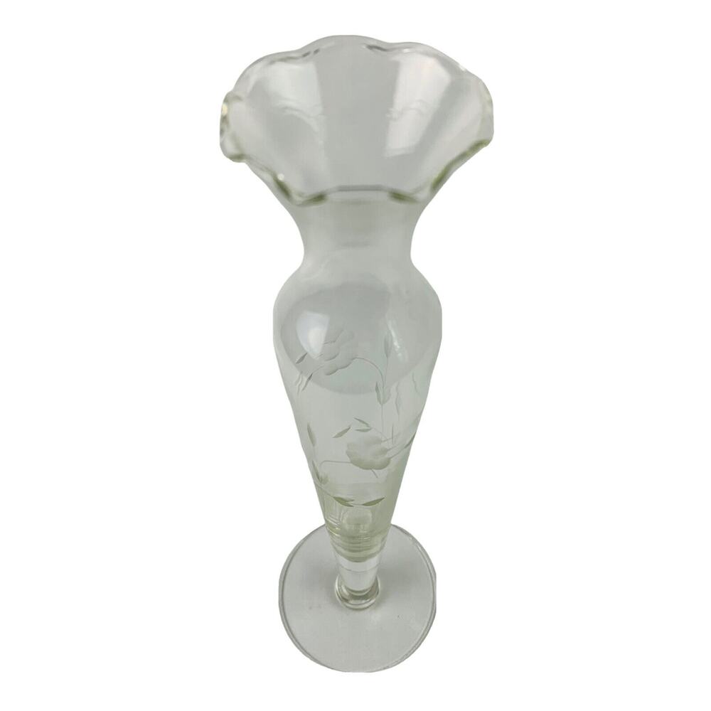 Heritage by Princess House 10" Tall Thin Crimped Vase Clear Etched